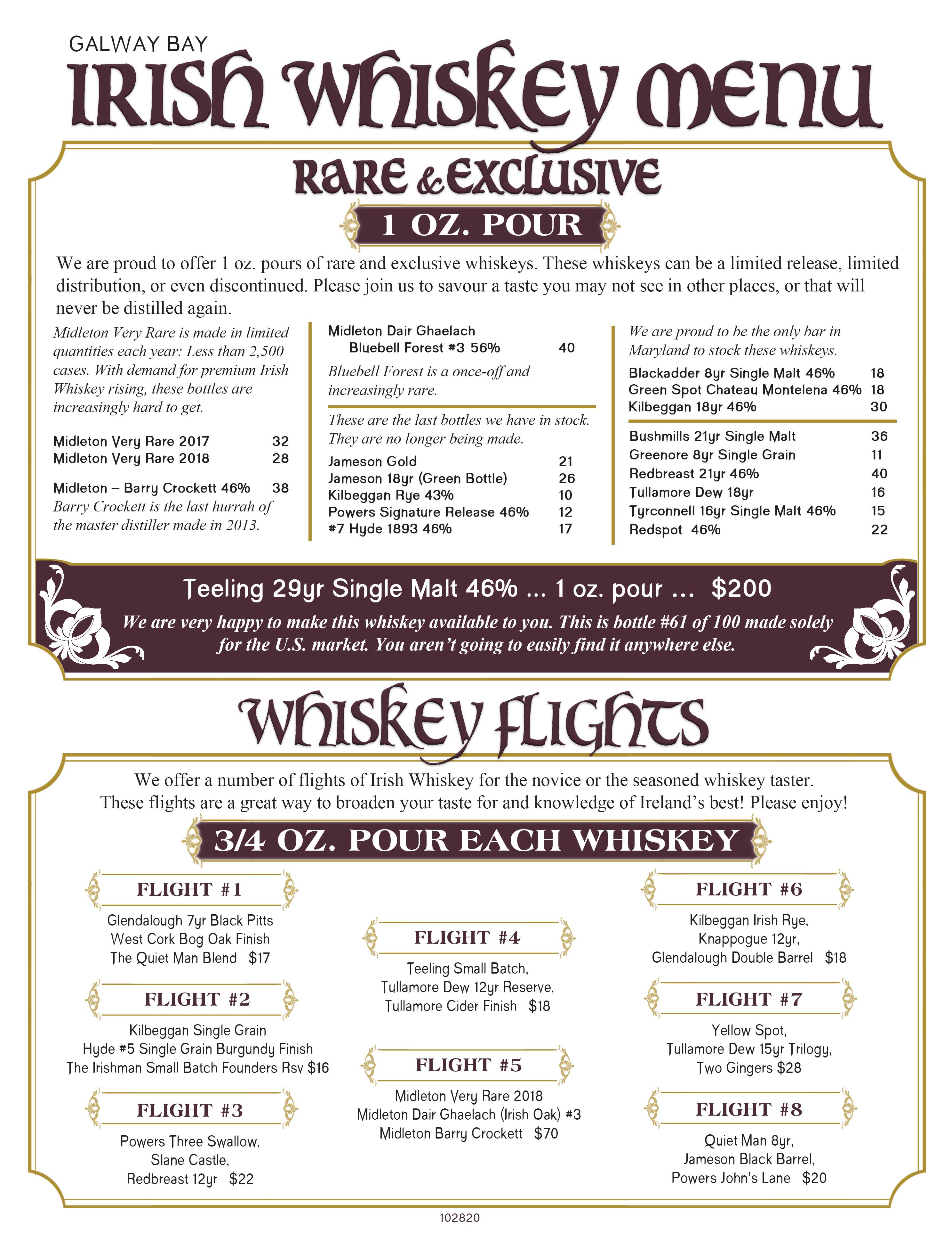 Irish Whiskey Menu